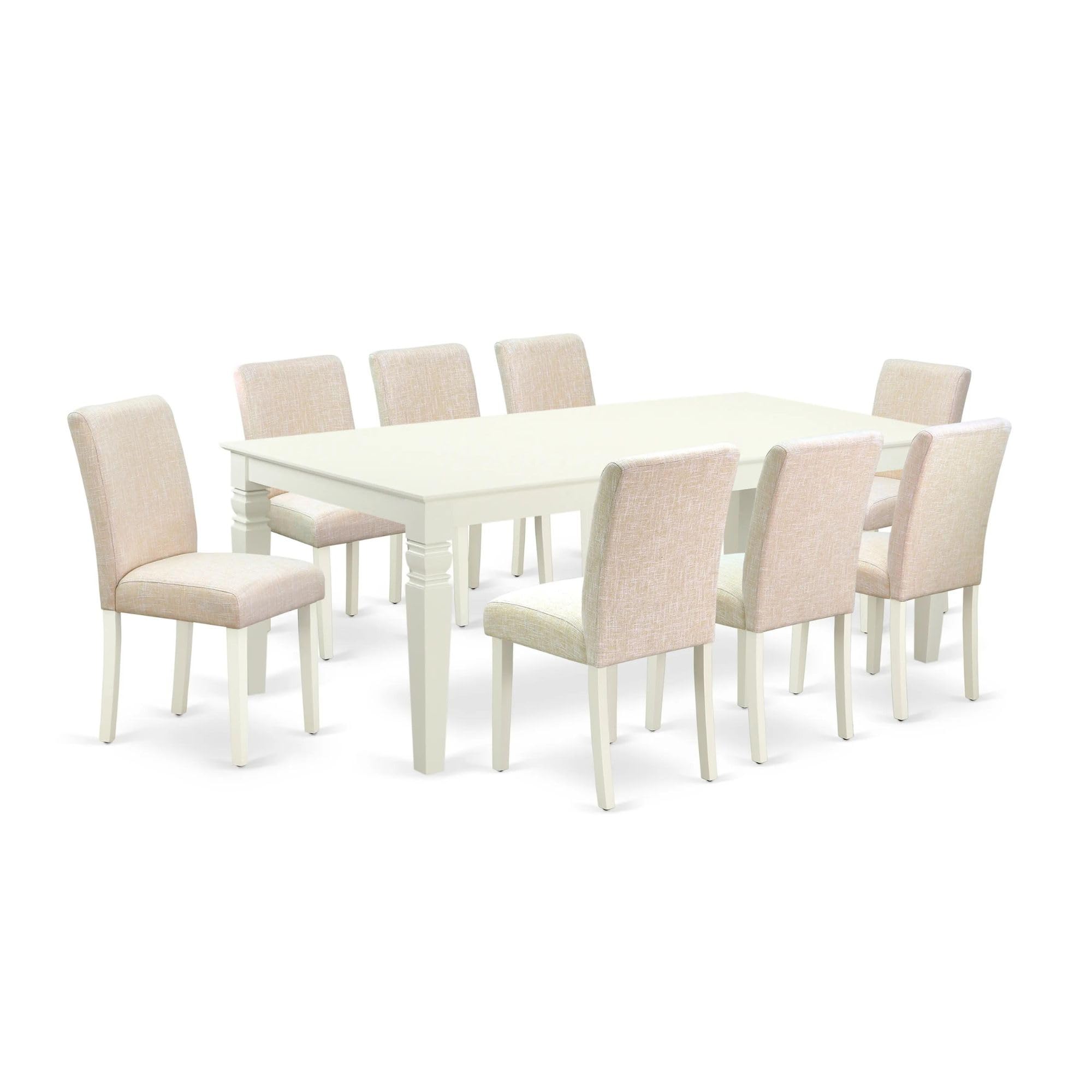 East West Furniture Lgab9-Lwh-02 9Pc Room Set Includes A Rectangle 66/84 Inch Kitchen Table With Butterfly Leaf And 8 Parson Chair White Leg And Linen Fabric Light Beige, 42X84 Inch